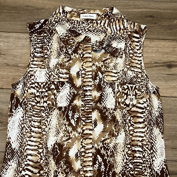 Women's Calvin Klein Maxi Dress SZ 6 Button Front Brown White Snake Print - Picture 3 of 10